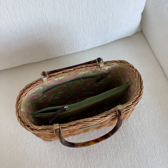 Kate Spade Wicker Basket Bag with Tortoise Handles & Paisley Interior - Picture 5 of 10